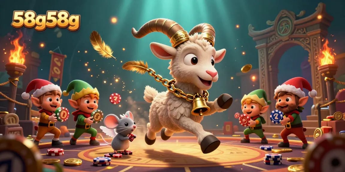 Action-packed scene at the 58g58g casino featuring festive Krampus goat, angel mouse, and elf gremlins.