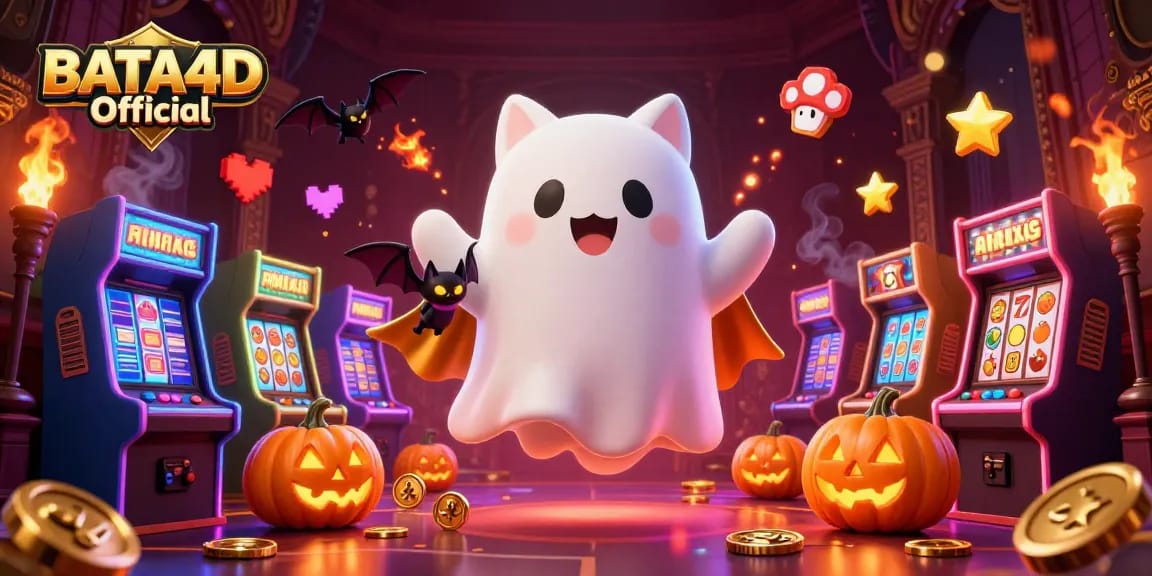 BATA4D Official showcases a ghost cat in a haunted casino, surrounded by vibrant gaming elements.