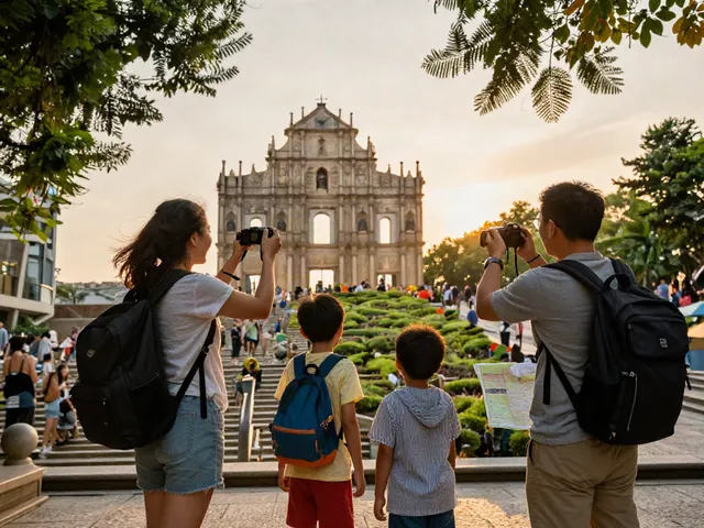 Family exploring a landmark during a sunset, showcasing Poshuk.info's travel services.