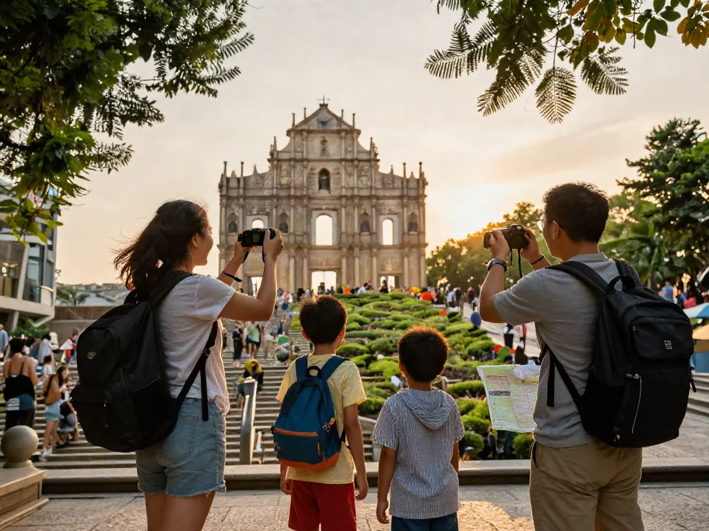 Family exploring a landmark during a sunset, showcasing Poshuk.info's travel services.