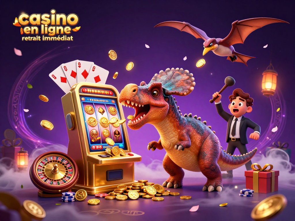Visualisez le casino en ligne retrait immédiat avec un dinosaure remportant des pièces d'or d'une machine à sous.