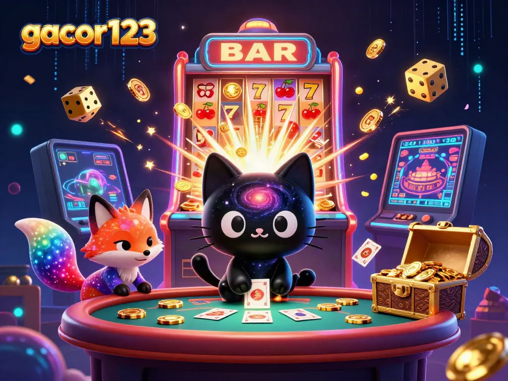 Experience gacor123's cosmic casino magic with a captivating black hole cat and nebula fox amidst jackpot treasures.