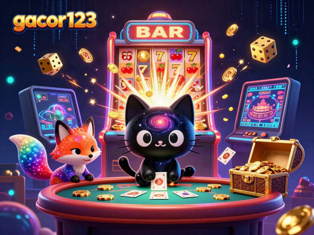Experience gacor123's cosmic casino magic with a captivating black hole cat and nebula fox amidst jackpot treasures.