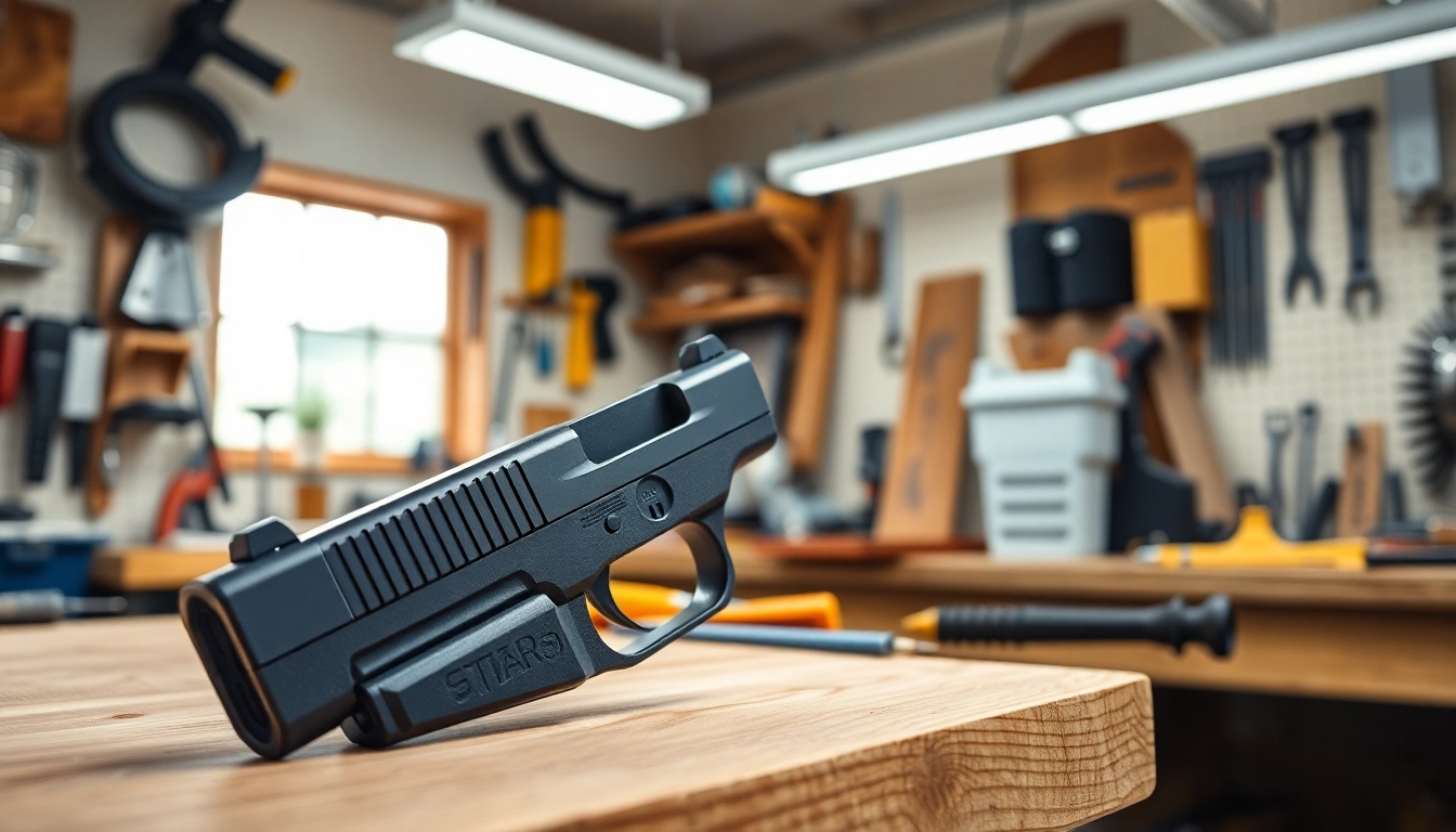 Examine the glock 48 slide highlighting its craftsmanship and sleek design in a workshop setting.
