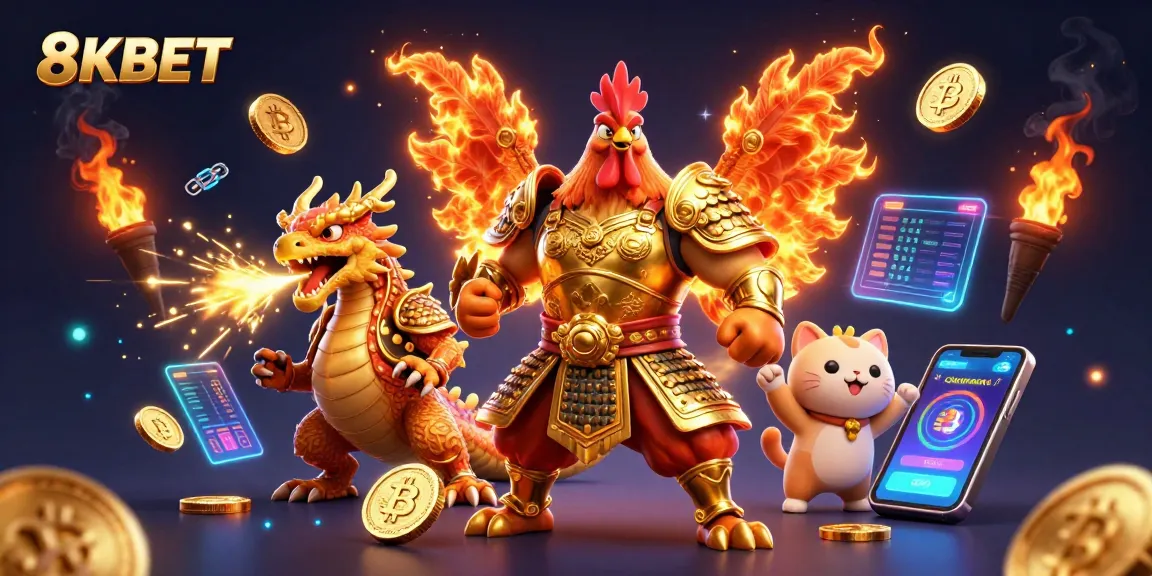 Experience exciting adventures with 8KBET as a powerful rooster warrior and dragon hatchling championing the crypto gaming realm.