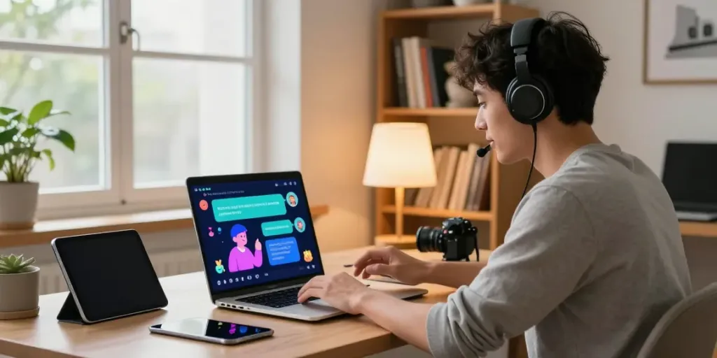 The user engaging with AI interactions on https://companion.crushon.ai/ in a modern home office filled with tech gadgets.