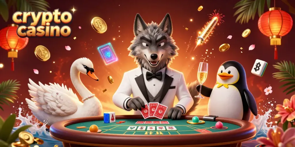 Witness the vibrant scene of a crypto casino with a debonair wolf and friends enjoying blackjack.