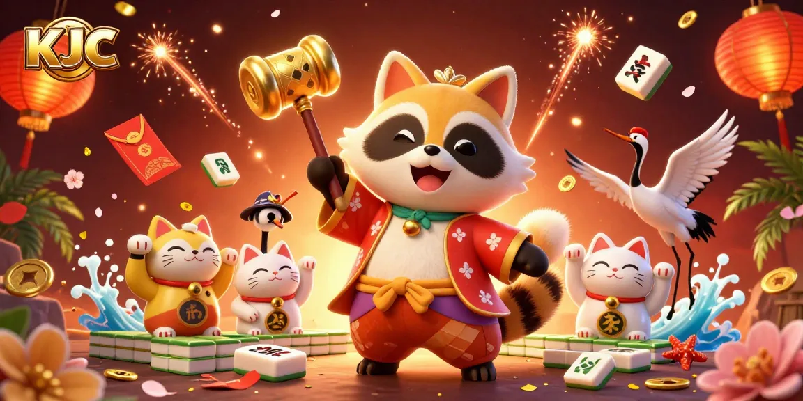 KJC's vibrant casino-themed scene showcases players enjoying games surrounded by cheerful tanuki, lucky cats, and festive decor.