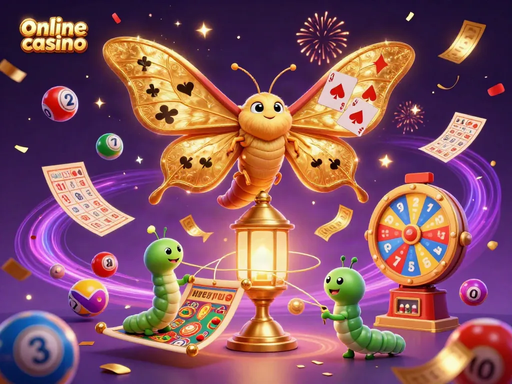 Juega en un casino online emocionante rodeado de elementos de juego, como bolas de lotería y cartas.