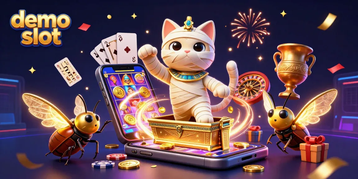 Engage with demo slot games featuring an Egyptian mummy cat, smartphone slots, and casino elements.