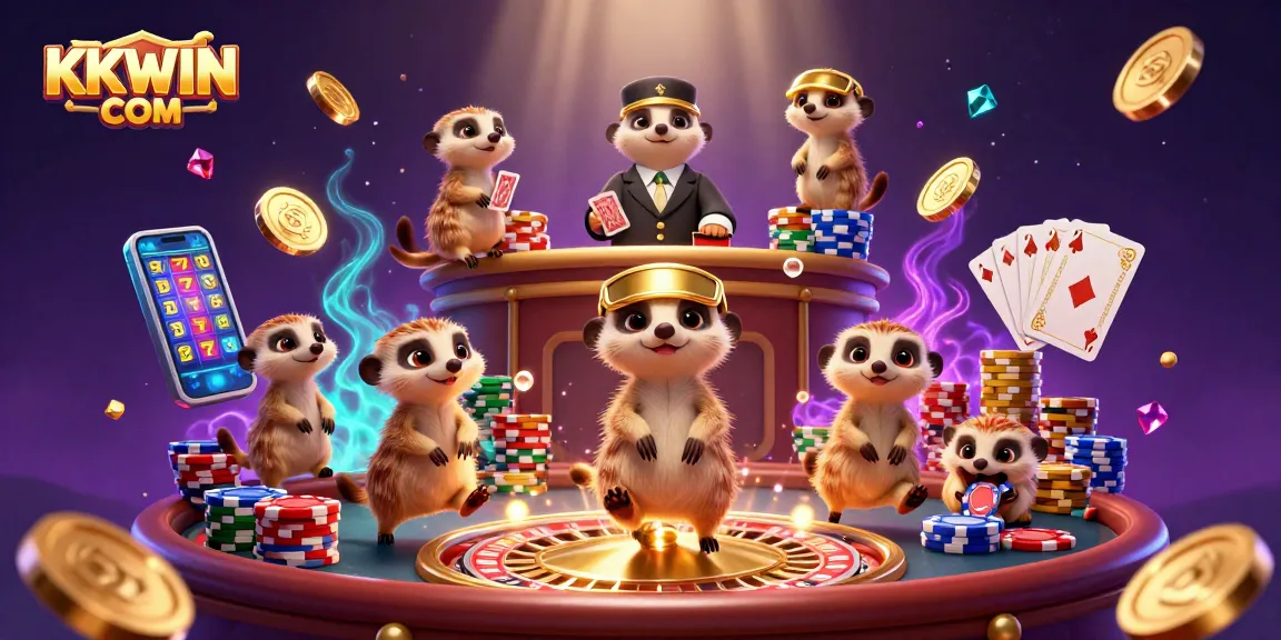 Engage in vibrant gaming action at KKWIN COM with animated meerkats in a lively casino scene.