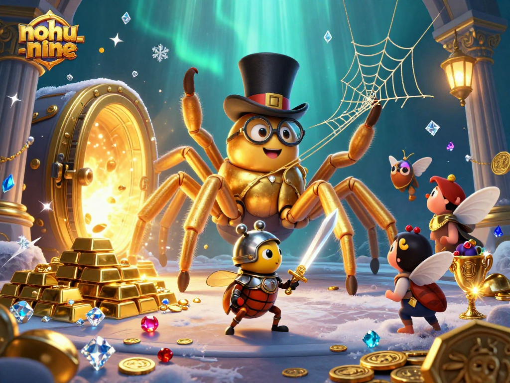 Engage in thrilling gameplay with nohu-nine, as a giant golden tarantula spins luck amidst treasures of the casino.