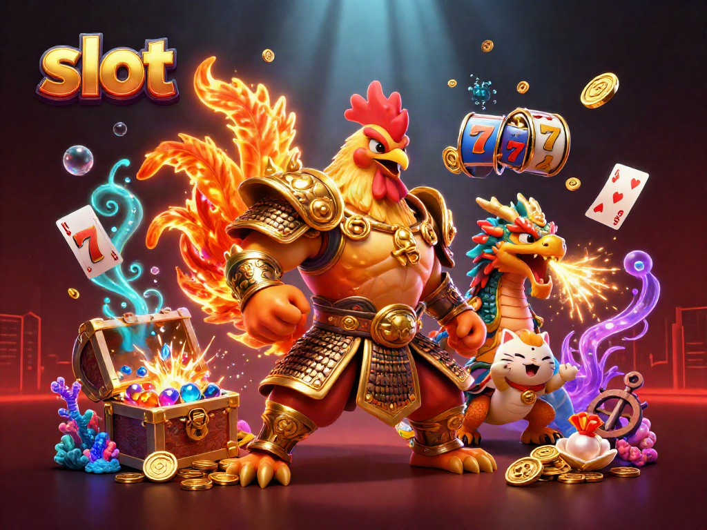 Ayam jantan berperang dan naga kecil di slot kasino dengan efek gemerlap dan karakter beruntung.