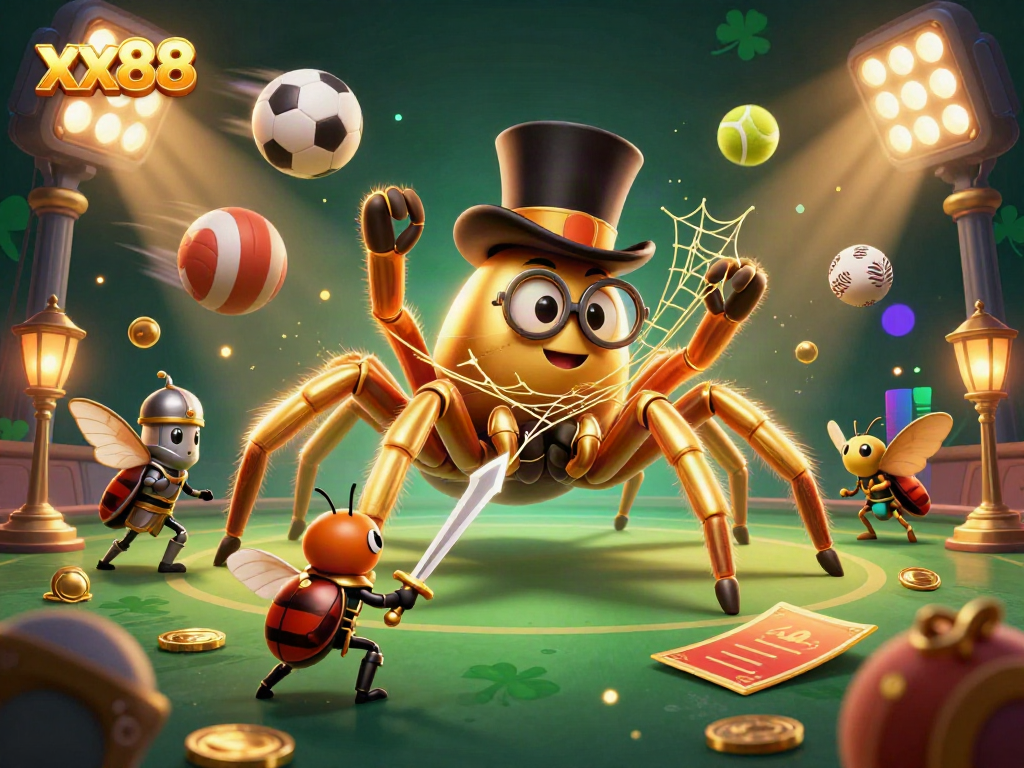 Engage with the vibrant casino world of xx88, featuring a golden tarantula and a beetle knight in action.
