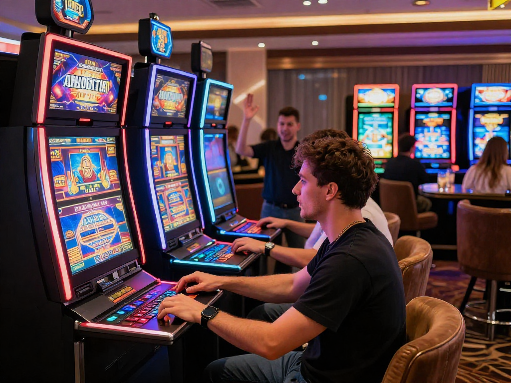 Player enjoying vibrant euro casinos slot machine in stylish gaming lounge