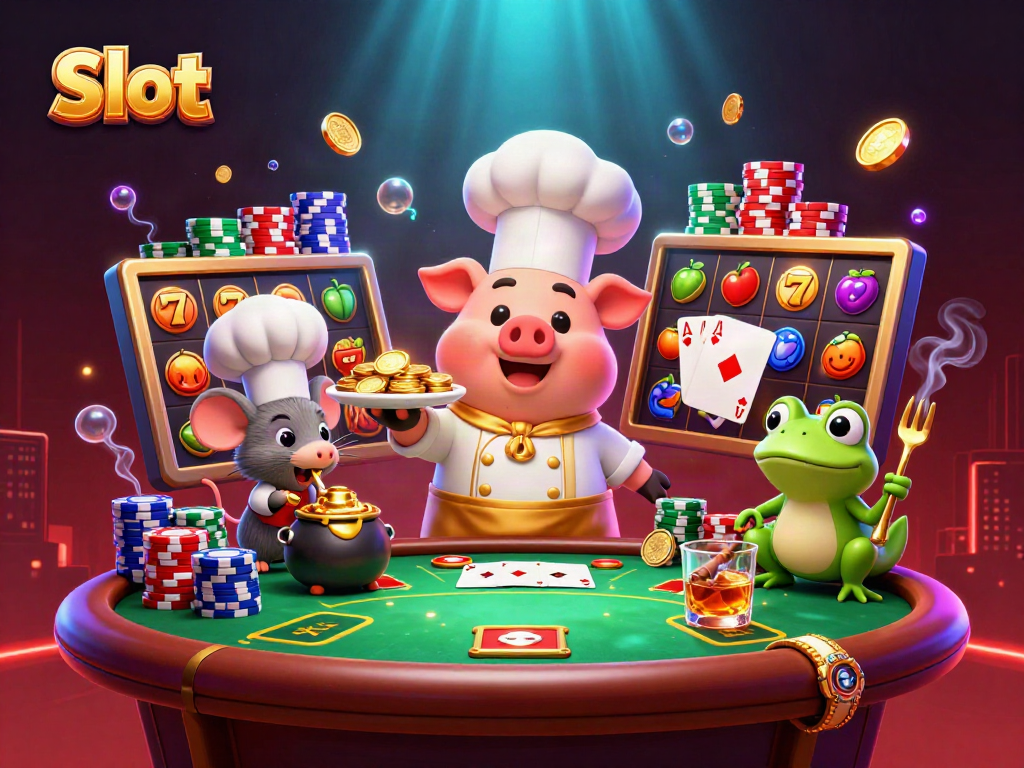 Spin the Slot reels as the chef pig serves golden coins with a sous-chef mouse in a vibrant casino scene.