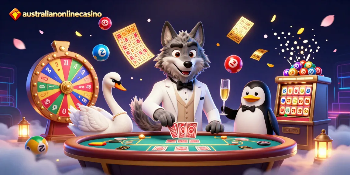 Experience the vibrant charm of australianonlinecasino with a lively baccarat scene featuring unique characters and dynamic gaming elements.