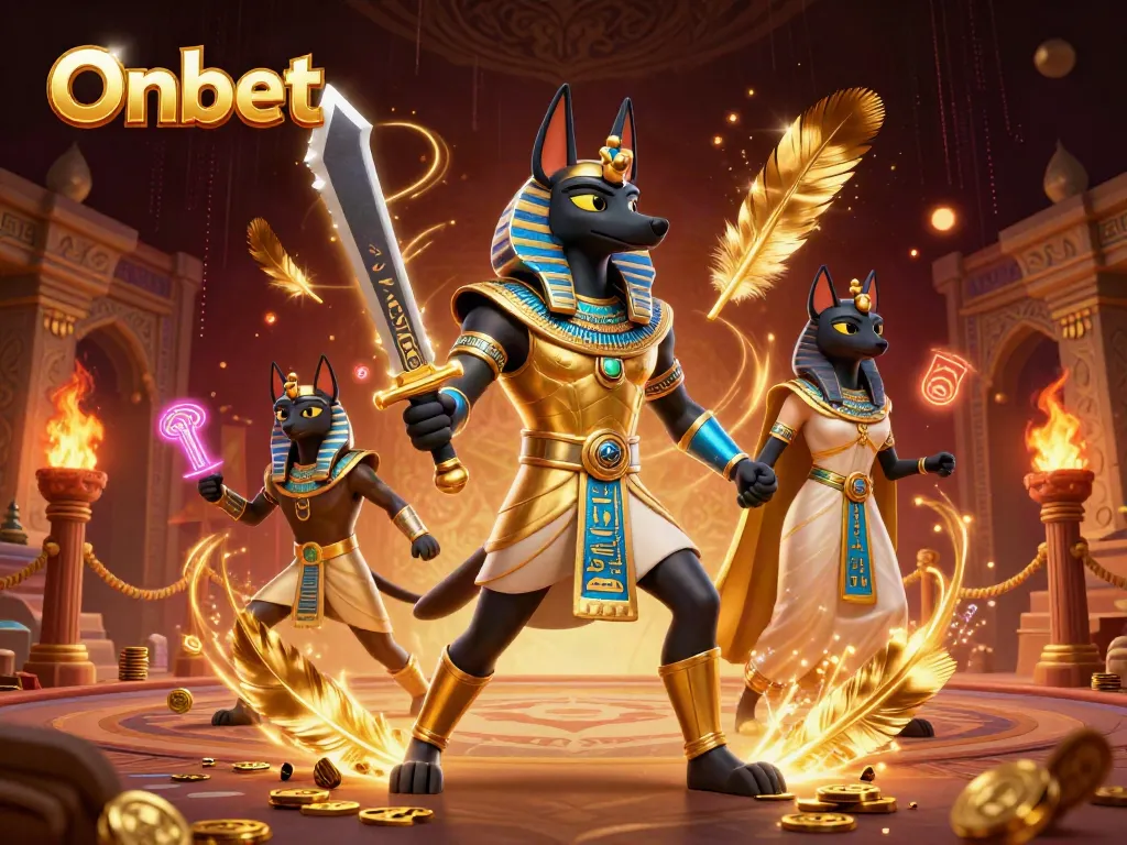 Engage in thrilling gameplay at Onbet with an Egyptian warrior and sacred cat amidst dynamic casino elements.