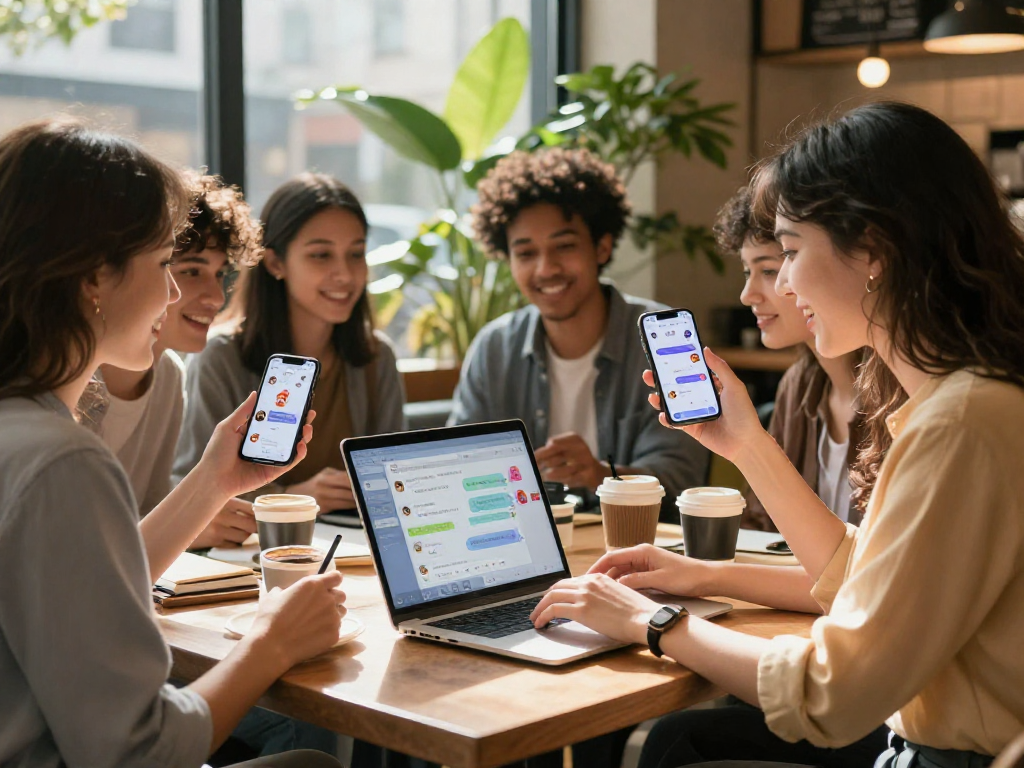Users enjoying hentai AI chat in an urban coffee shop, engaging with interactive technology.