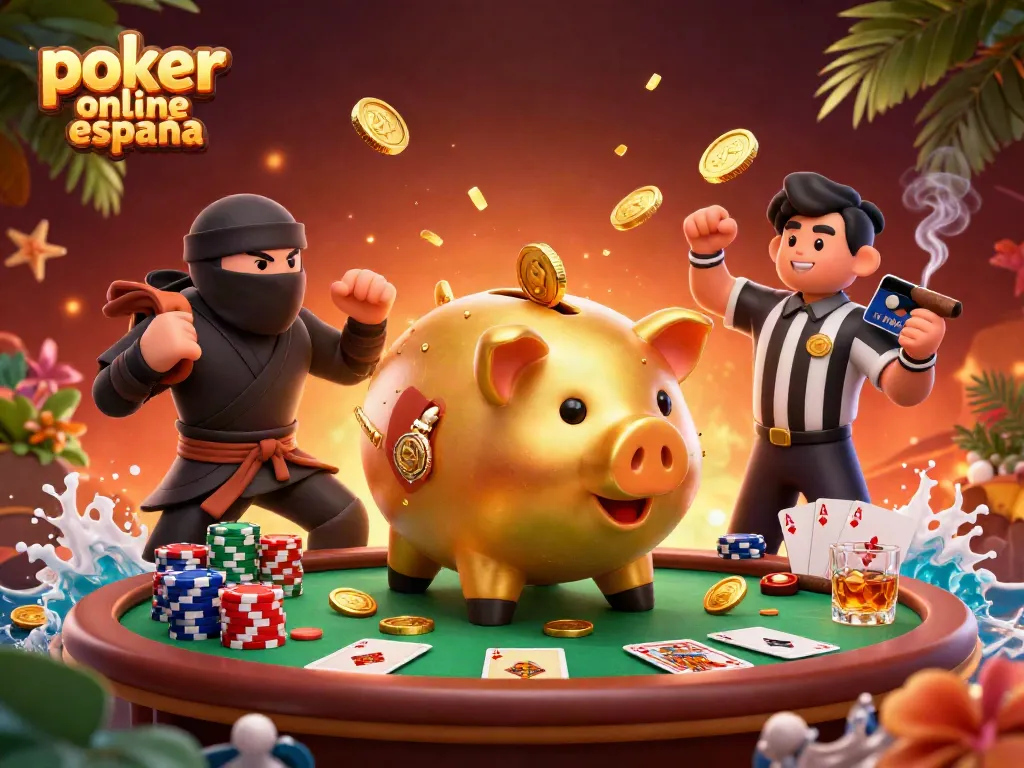 Participa en póker online España con la emocionante acción de partidas y torneos representada en una ilustración vibrante.