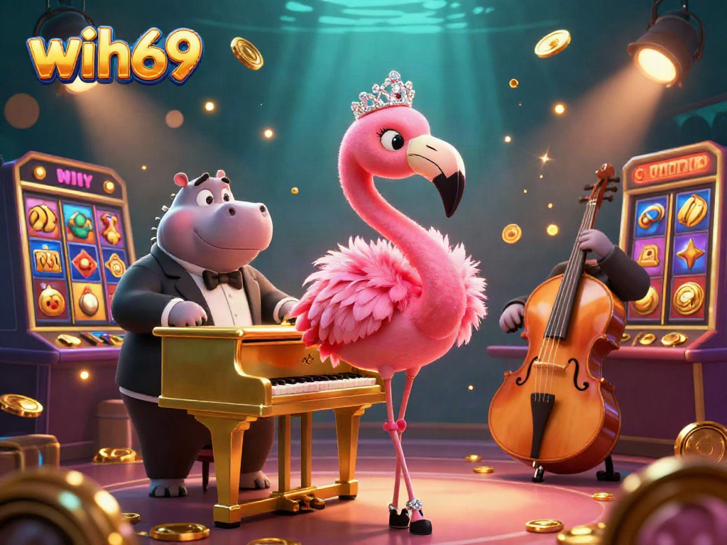 Menangkan permainan slot di WIH69 dengan ilustrasi menarik flamingo penyanyi di kasino.
