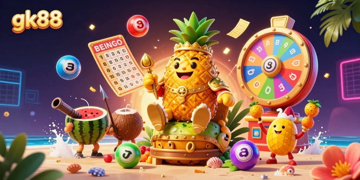 Experience the excitement of gk88 with a vibrant 3D scene featuring a golden pineapple king and dynamic casino elements.