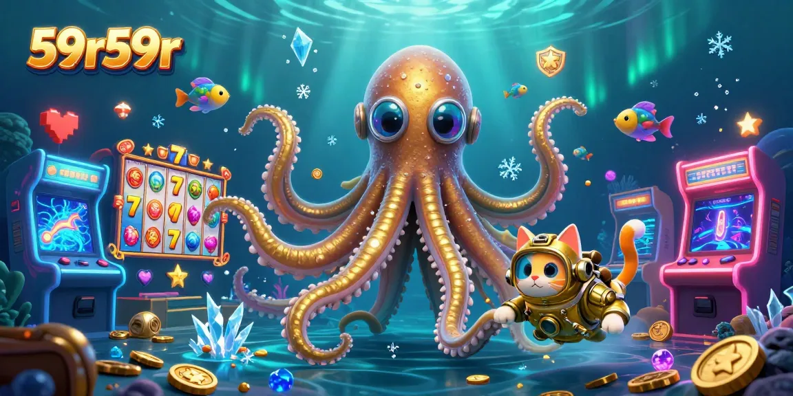 Jogos de slot com o kraken dourado e o gato mergulhador no 59r59r em um fundo vibrante.