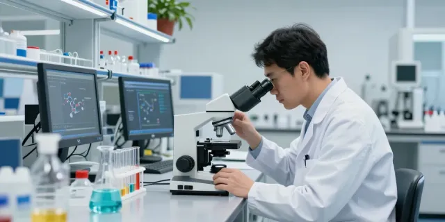 Scientist analyzing Swiss Chems peptides in a high-tech lab environment