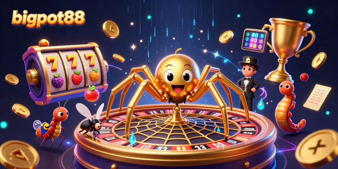 Bet on thrilling games at bigpot88 with a 3D golden spider spinning a roulette wheel.
