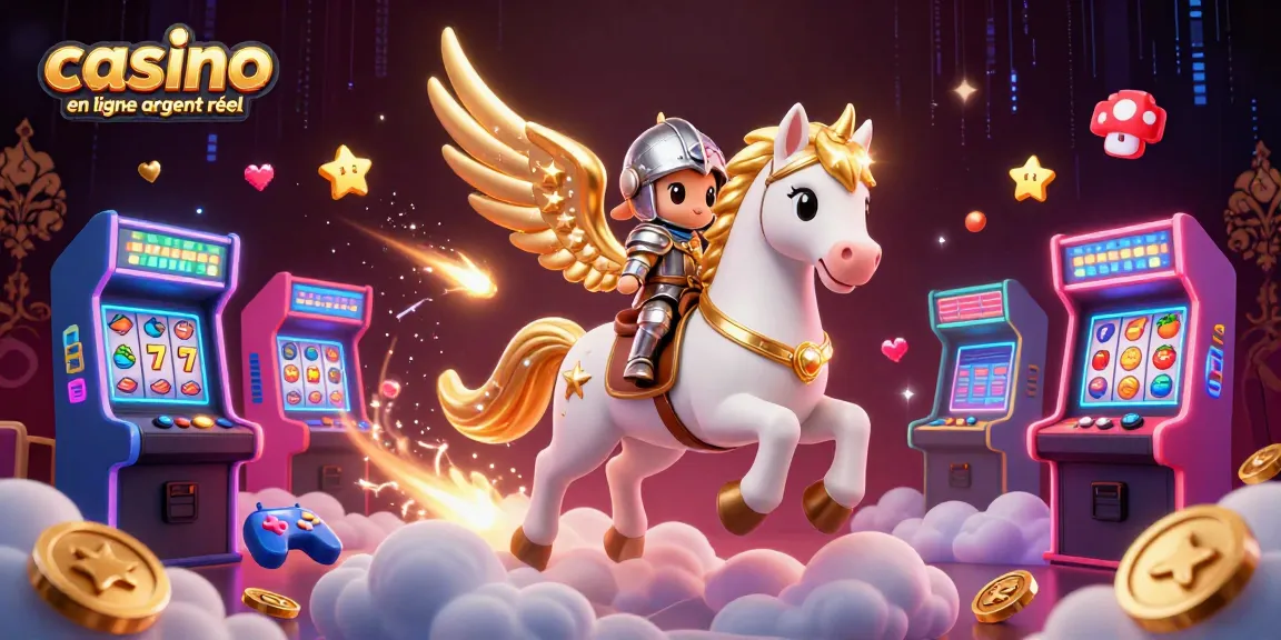 Jouez au casino en ligne argent réel avec une illustration 3D captivante représentant un cheval céleste et un chevalier.