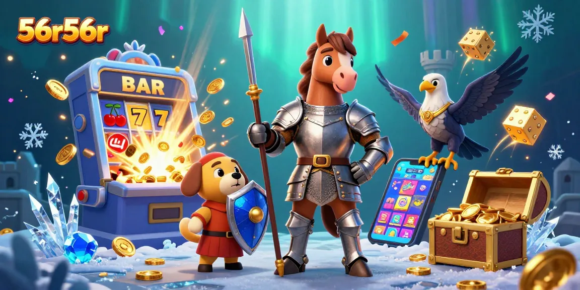 Unlock winning bonuses with 56r56r's vibrant 3D casino adventure scene featuring colossal slot machines.