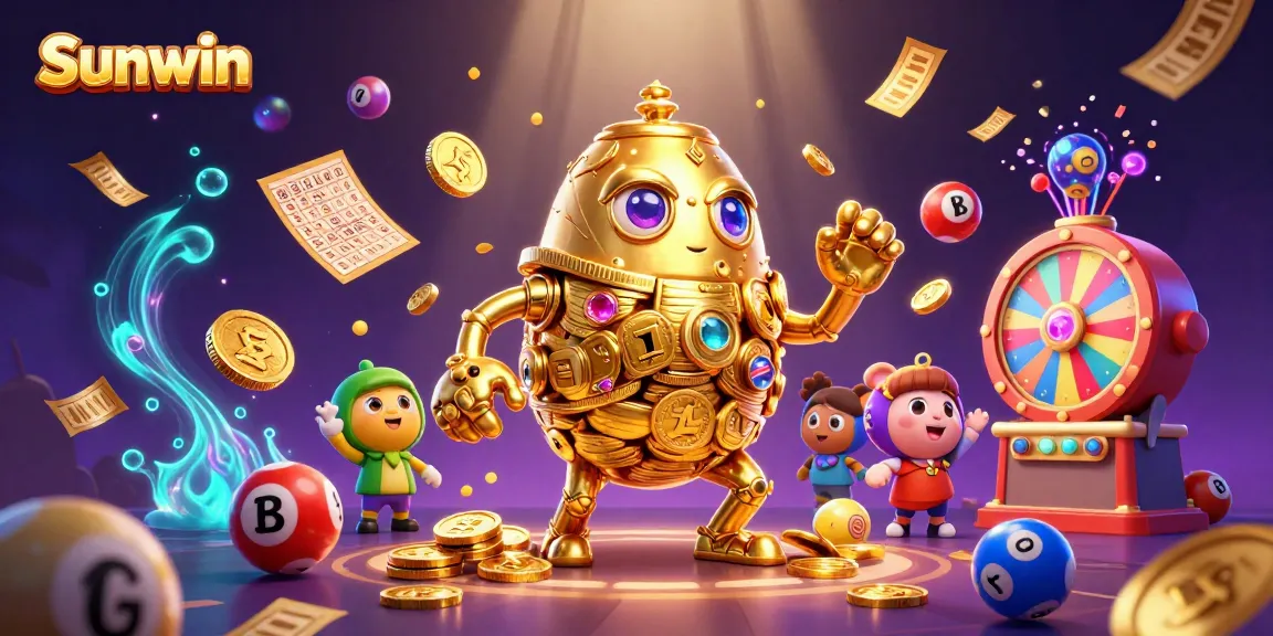 Win big with Sunwin as vibrant lottery elements dance around a golden coin golem in a dynamic casino scene.
