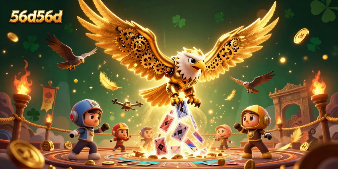 Engage with 56d56d as a golden eagle soars through holographic cards in this vibrant casino illustration.