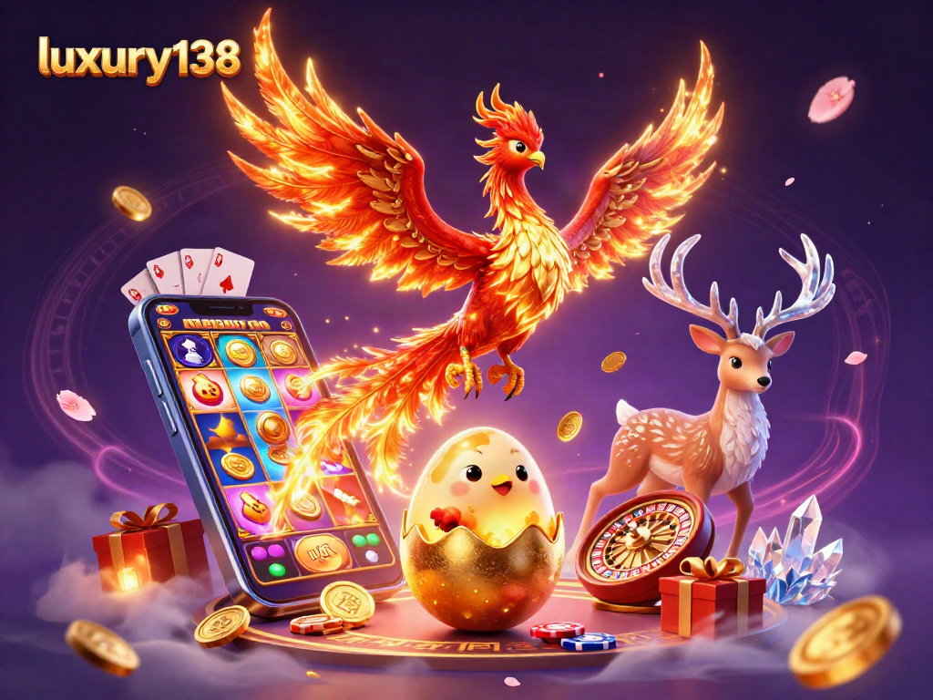 luxury138 bermain dengan slot yang megah dalam ilustrasi cerah penuh hasil kemenangan.