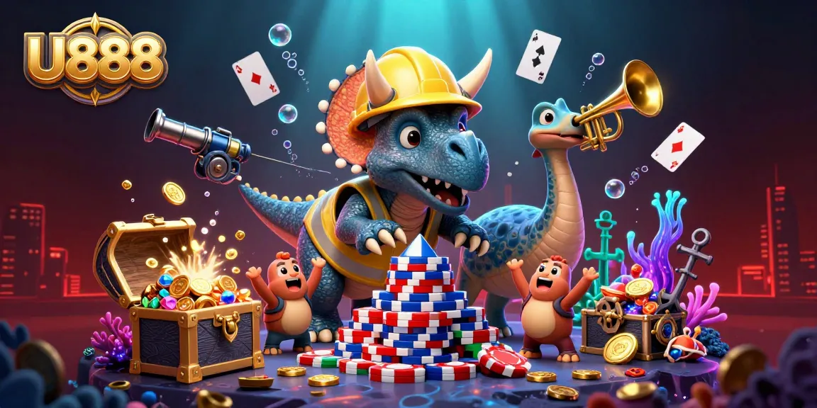 Experience exciting gameplay at U888 with a dynamic scene of animated characters celebrating casino wins.