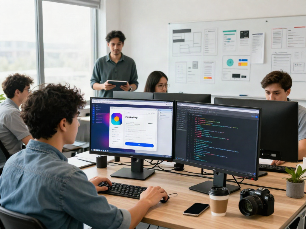 Download Pikashow Apk showcased on dual monitors in a tech workspace with collaborative atmosphere.