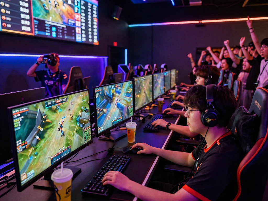 Intense esports players competing in slot qris 5k tournament, vibrant gaming arena atmosphere.