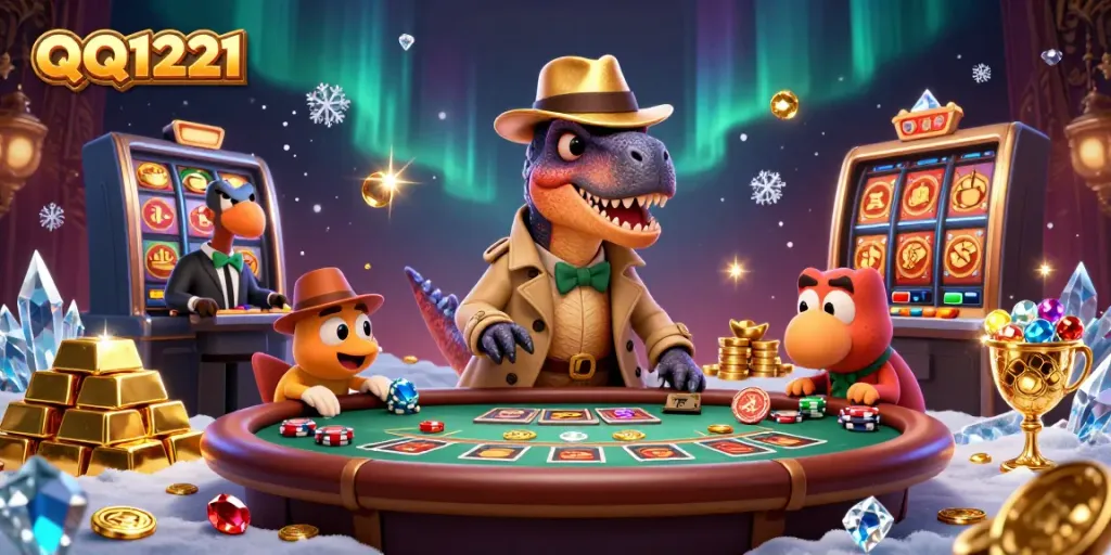 Play thrilling slots at QQ1221, with a dinosaur-themed casino adventure featuring unique characters.
