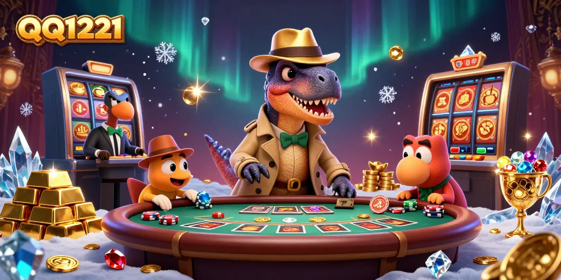 Play thrilling slots at QQ1221, with a dinosaur-themed casino adventure featuring unique characters.