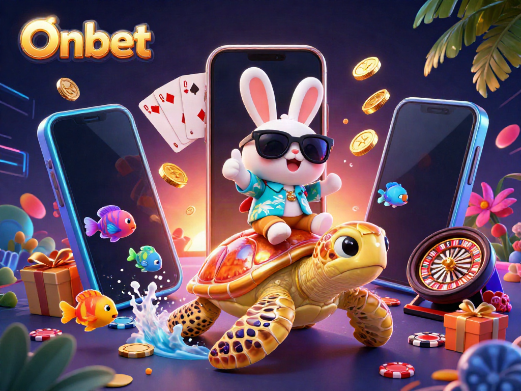 Experience exciting gameplay with Onbet, featuring a lucky rabbit and a golden turtle surrounded by vibrant casino elements.