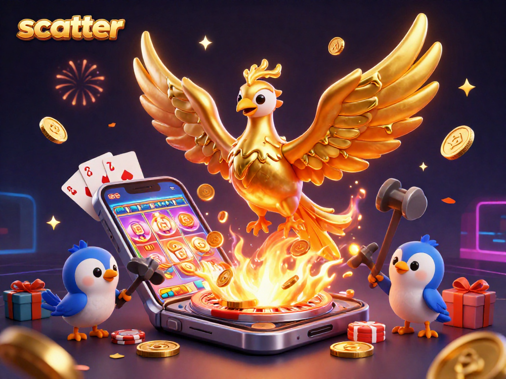 Experience scatter excitement with the golden phoenix and slot game chaos in this vibrant casino scene.