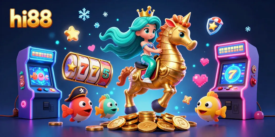Experience thrilling gameplay at hi88, featuring a vibrant mermaid princess and a golden seahorse in a dynamic casino scene.
