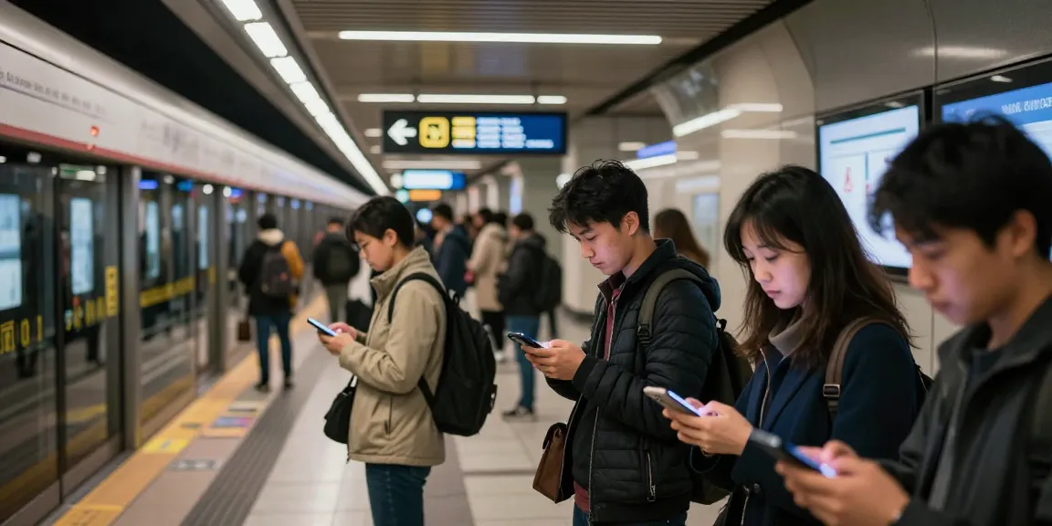 Live subway tracker updates on a busy urban platform with commuters checking their devices.