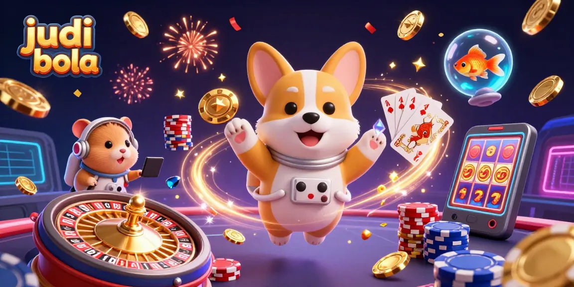 Dalam permainan judi bola, astronot corgi melayang di kasino luar angkasa, dikelilingi koin dan chip poker.