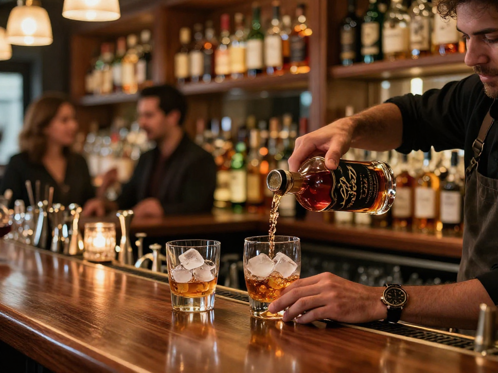 Enjoying Weller Antique 107 bourbon in a sophisticated bar setting with premium liquors.