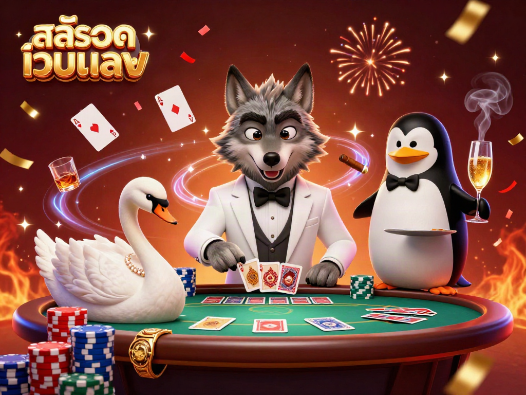 Engage in thrilling action at a สล็อตเว็บตรง baccarat table with a debonair wolf, elegant swan, and penguin sommelier.