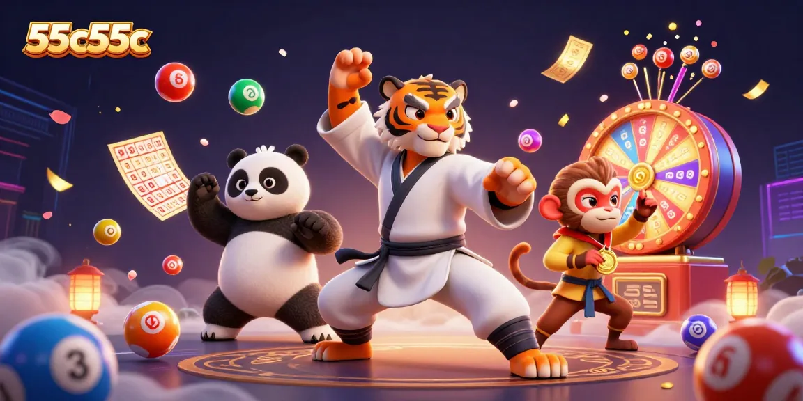55c55c ilustra um tigre mestre em kung fu ao lado de um panda e um macaco, com elementos de loteria.
