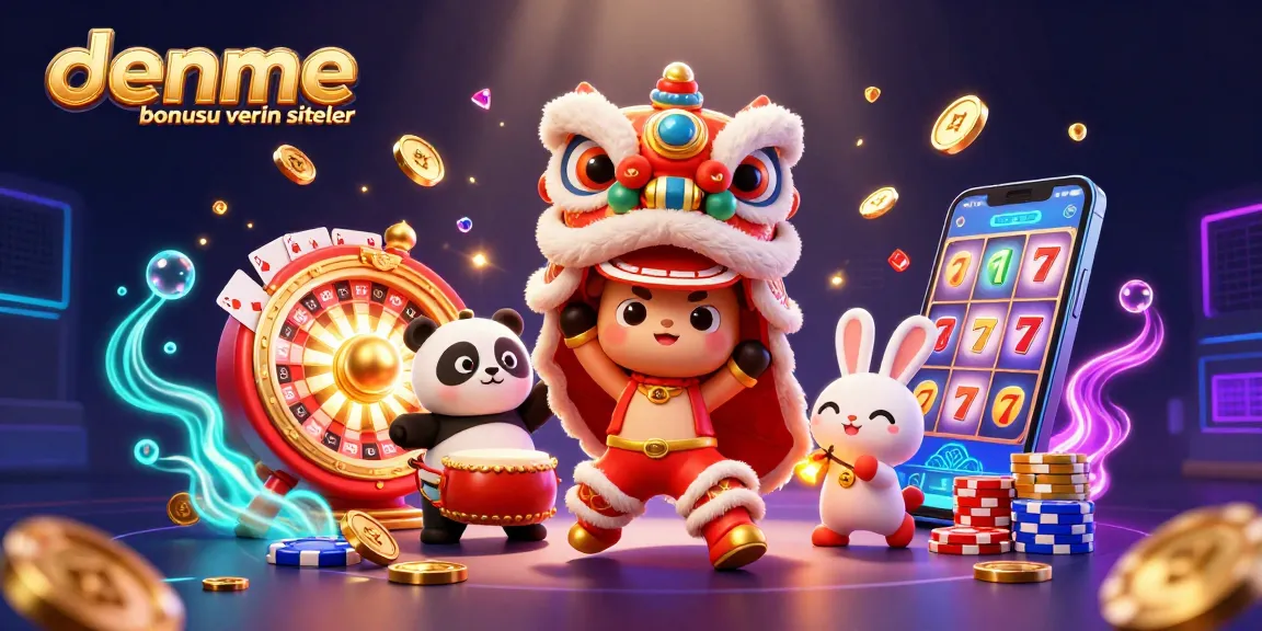 Engage with deneme bonusu veren siteler through a colorful casino-themed scene featuring lively characters, coins, and gaming elements.