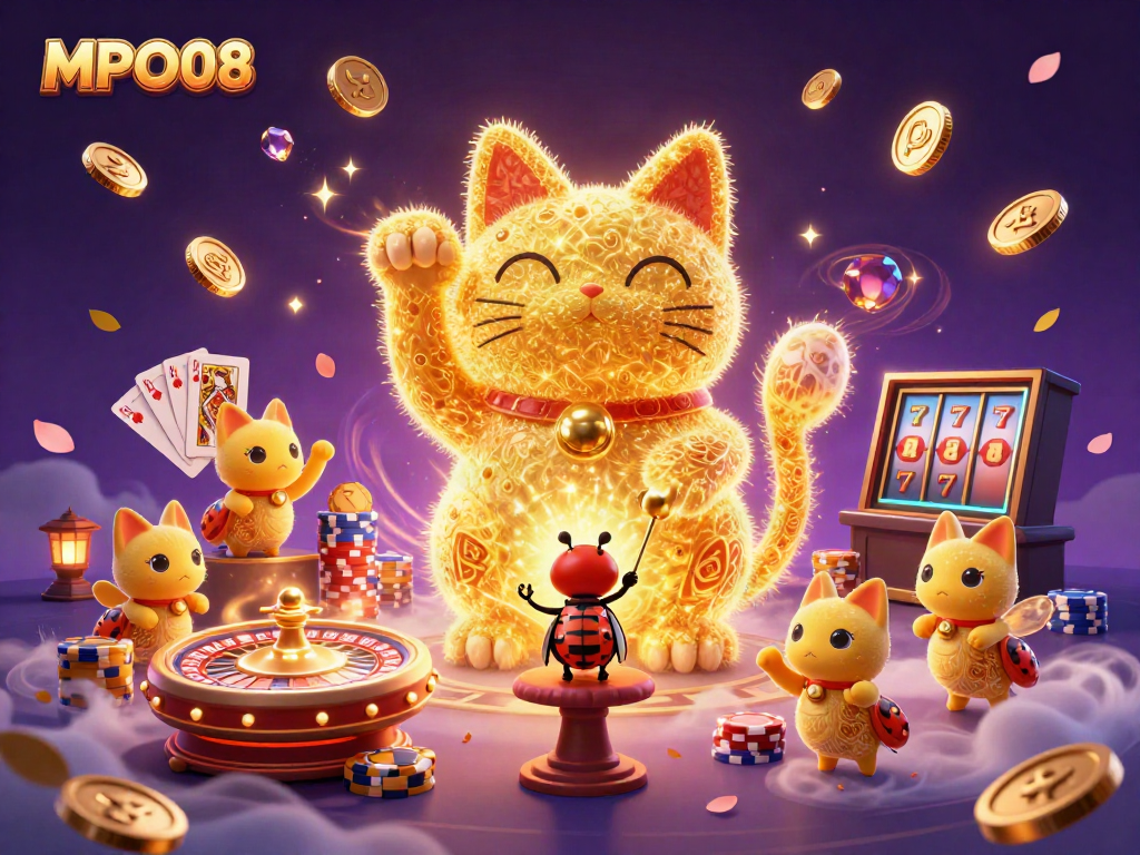 Engage with MPO08 for casino fun with a golden lucky cat, coins, and roulette wheel.