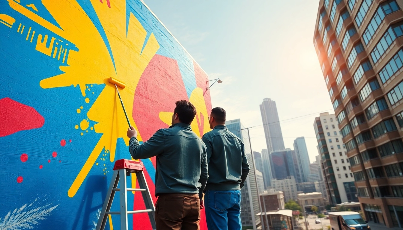 Commercial painting team creating a vibrant mural with bright colors in an urban setting.